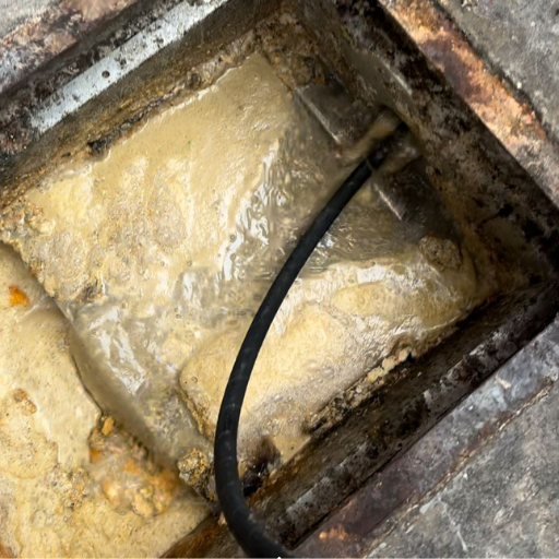 Técnico realizando limpeza de caixa de gordura com mangueira especializada removendo resíduos acumulados